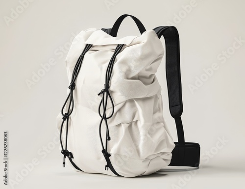 Off-white fabric backpack with drawstring closure and adjustable straps. photo