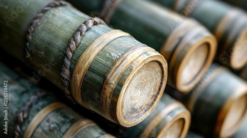 Stacked bamboo tubes tied with rope, natural material resource photo