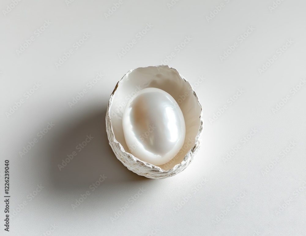 A large, lustrous white pearl rests gently in a sculpted white ceramic nest. A large, lustrous white pearl rests gently in a sculpted white ceramic nest.
