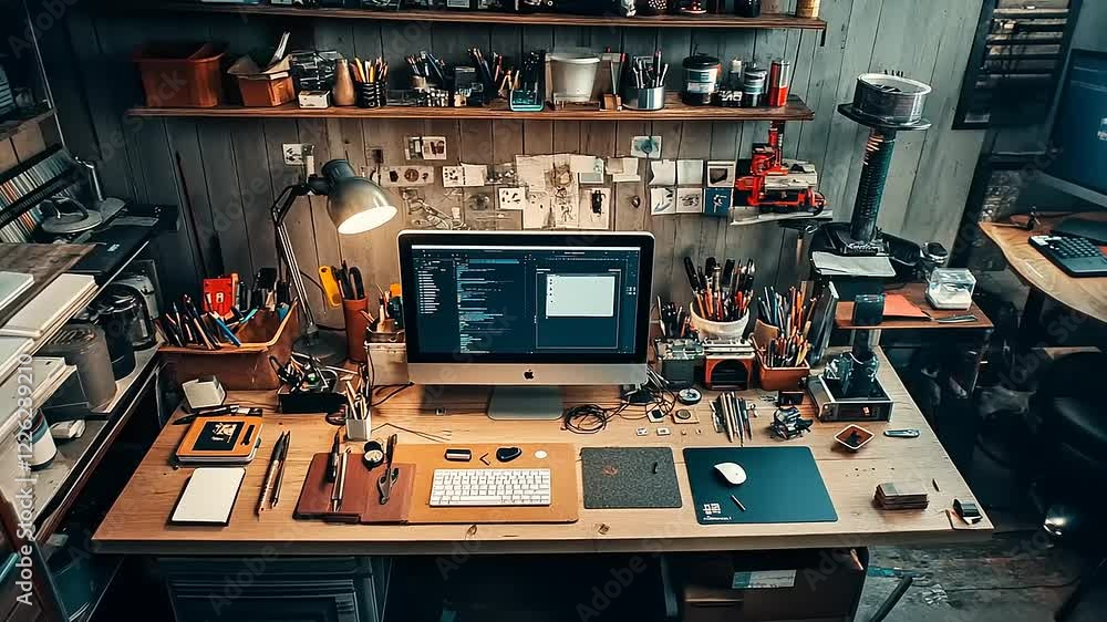 Cozy workspace filled with tools and gadgets, showcasing creativity and productivity in a home office Cozy workspace filled with tools and gadgets, showcasing creativity and productivity in a home office