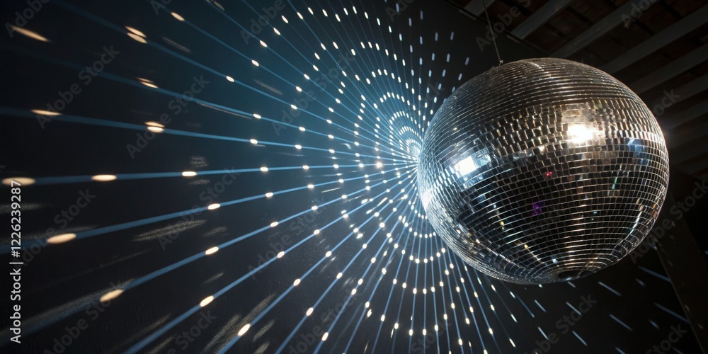 Shimmering disco ball reflects bright lights creating swirling patterns on the wall