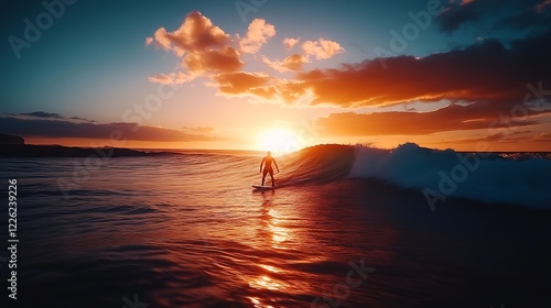 Silhouette of a Surfer Riding a Wave in the Ocean During a Stunning Sunset : Generative AI photo