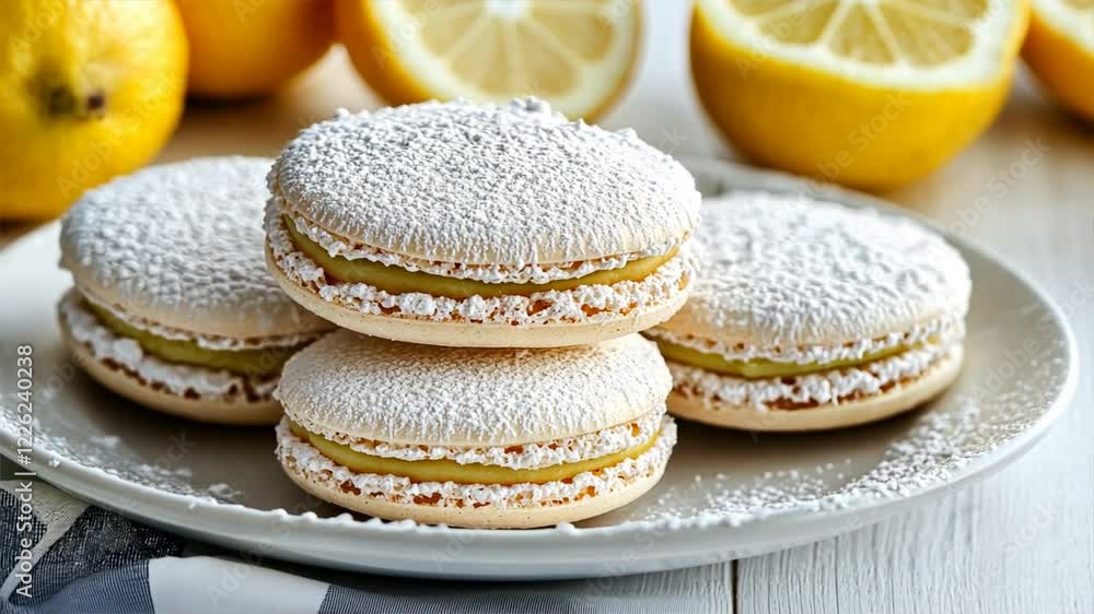 Delicious lemon macarons and meringue cookies dusted with powdered sugar, served on plate with fresh lemons, create vibrant and sweet dessert for baking enthusiasts.