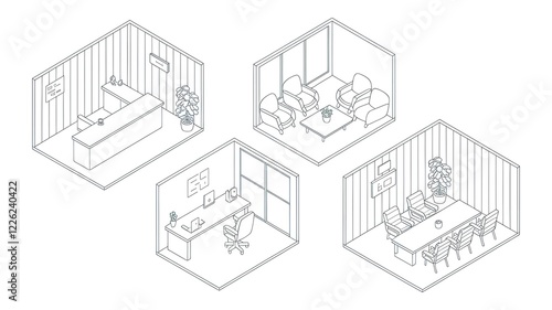 A set of isometric line art illustrations of office spaces.