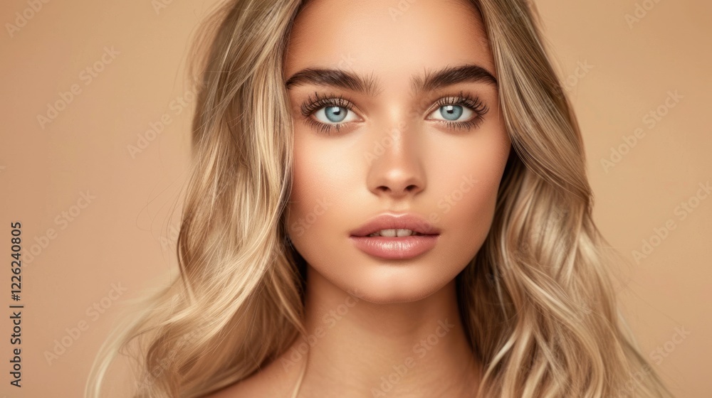 Fototapeta premium Beautiful Woman Model with long blonde hair isolated on beige background, AI generated image