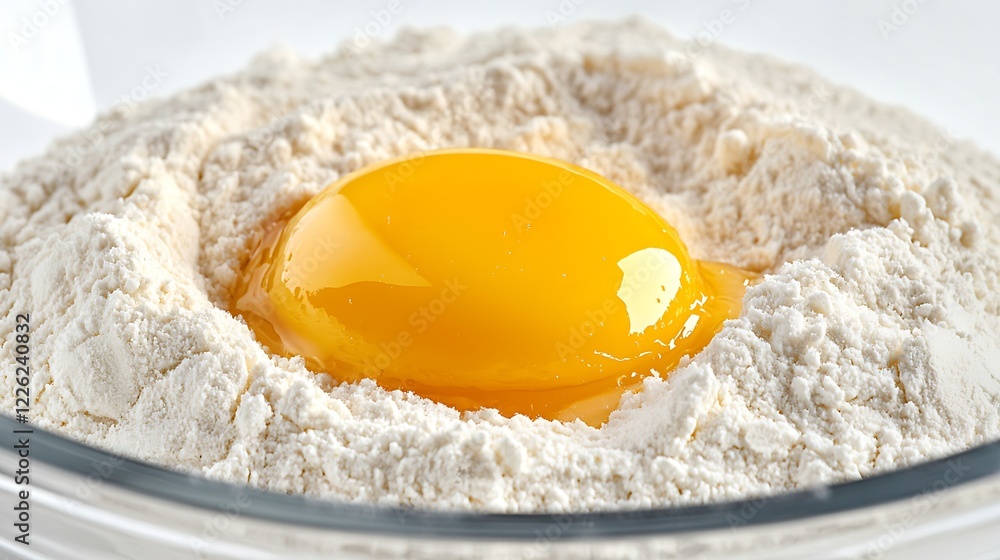 Fresh Egg Yolk in a Bowl of Baking Flour Prepared for Recipe : Generative AI Fresh Egg Yolk in a Bowl of Baking Flour Prepared for Recipe : Generative AI