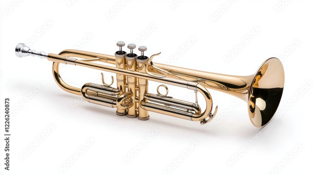Obraz premium A shiny brass trumpet, showcasing its intricate valves and bell, used in musical performances.