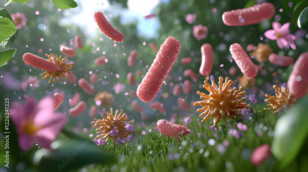 Microbes falling on grass, nature background, science illustration Microbes falling on grass, nature background, science illustration