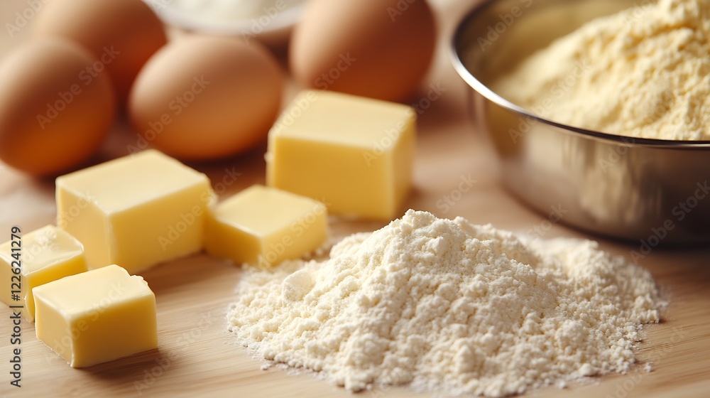 Classic Baking Ingredients Flour Eggs and Butter for Perfect Homemade Pastries and Confections : Generative AI Classic Baking Ingredients Flour Eggs and Butter for Perfect Homemade Pastries and Confections : Generative AI
