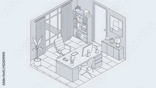 A line art isometric illustration of a modern office space.