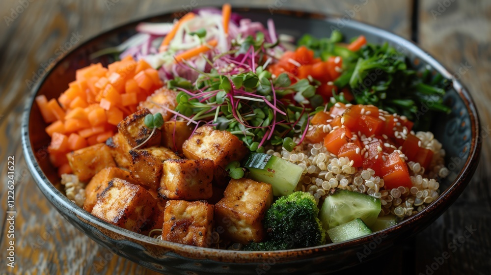 There is a bowl of food with tofu, broccoli, carrots, and other, food background There is a bowl of food with tofu, broccoli, carrots, and other, food background
