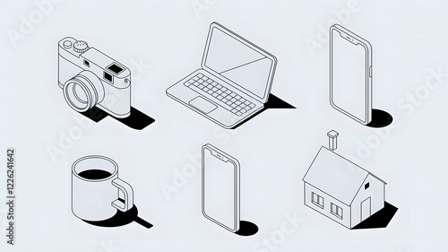 A set of line art isometric illustrations of various objects.