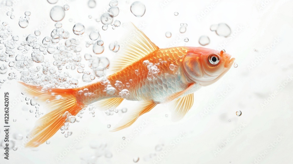 Fototapeta premium Fish swims gracefully through clear water while bubbles rise around it