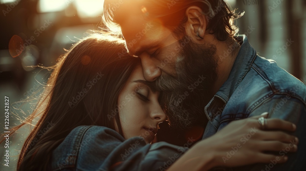 Fototapeta premium Portrait of a romantic couple hugging, AI generated image