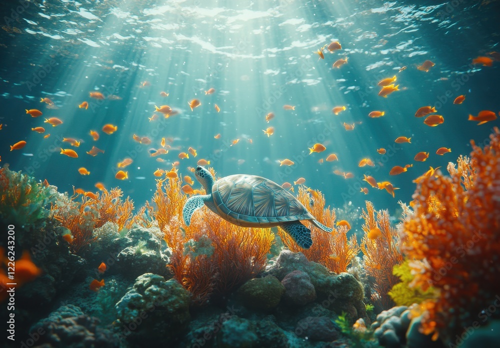 Obraz premium Underwater Scene Featuring Sea Turtle Swimming Among Vibrant Coral Reef and Colorful Fish with Sun Rays Illuminating the Ocean Depths