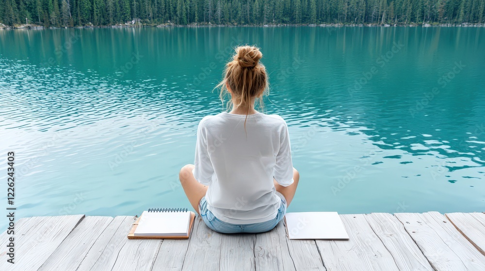Woman sitting by a lakeside, sketching the serene view on a notepad, styled for creativity Woman sitting by a lakeside, sketching the serene view on a notepad, styled for creativity