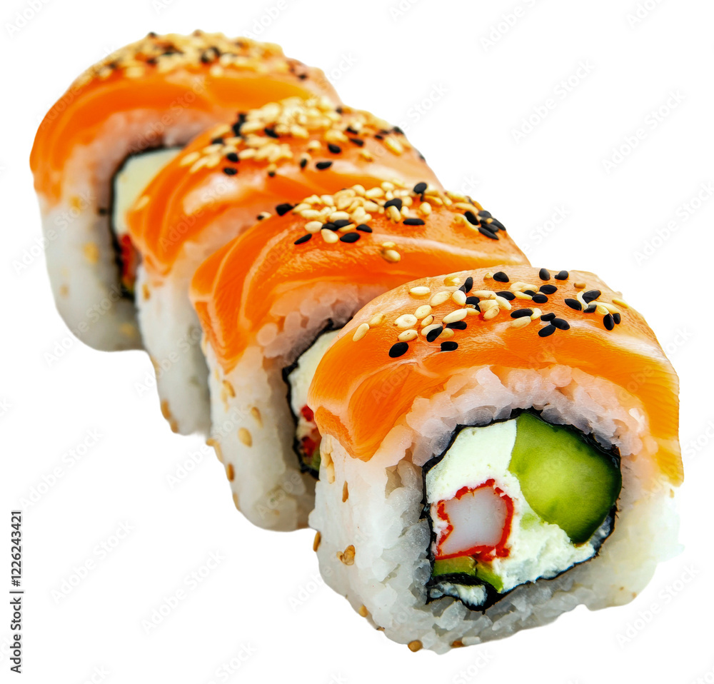 Fresh salmon sushi rolls with sesame topping isolated on transparent background Fresh salmon sushi rolls with sesame topping isolated on transparent background