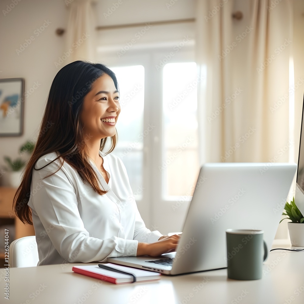 Mujer hispana, trabajando desde casa, sonriendo a la computadora portátil, atajo informal de negocios Mujer hispana, trabajando desde casa, sonriendo a la computadora portátil, atajo informal de negocios