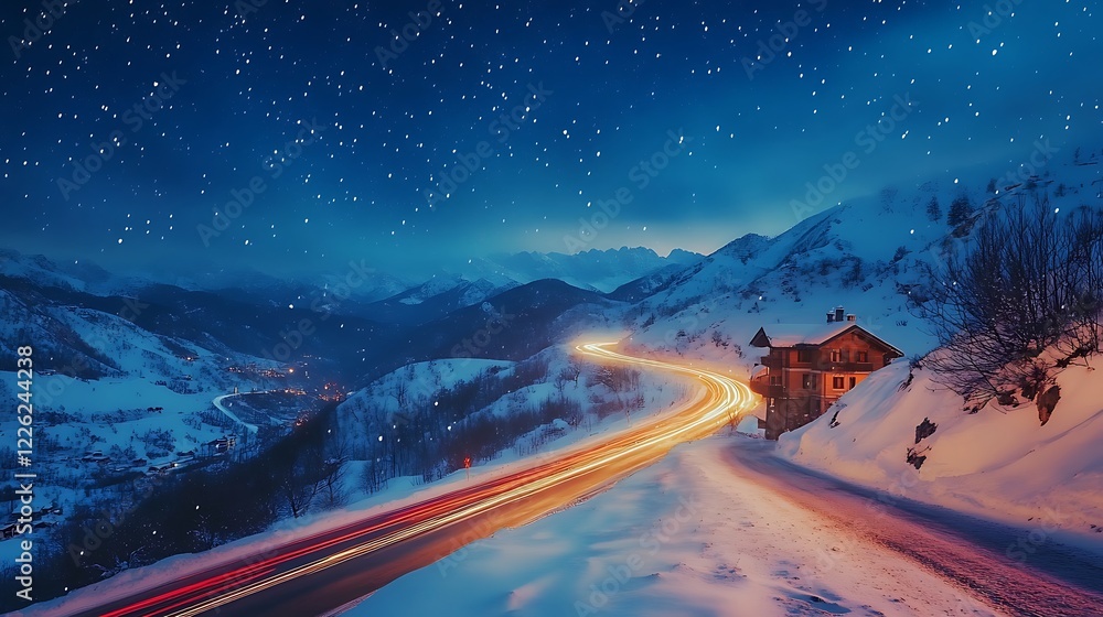 Fototapeta premium Enchanted Winter Night: Mountain Cabin, Starry Sky, and Winding Road