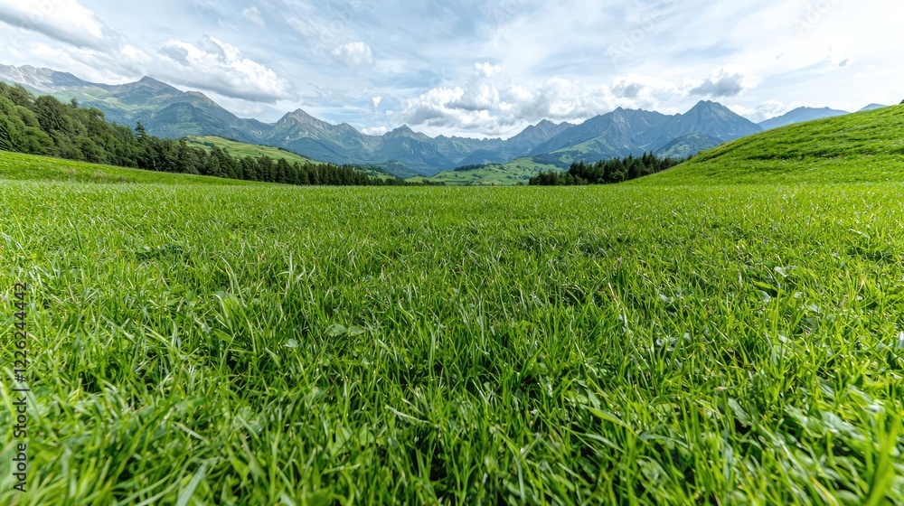 Fototapeta premium Lush green grass grows in a vast alpine meadow under a cloudy sky with majestic mountains in the background during daytime.