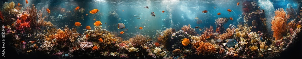 Fototapeta premium Vibrant Coral Reef Scene with Colorful Fish Swimming in Clear Blue Ocean Water Under Sunlight Rays
