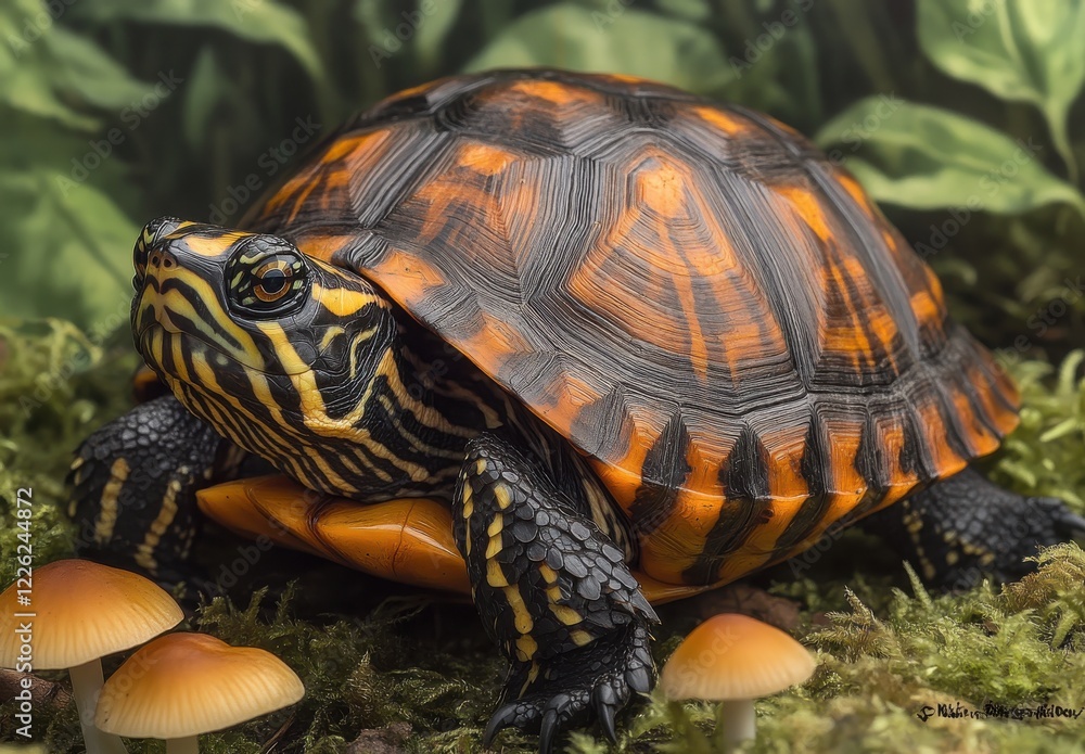 Obraz premium Vibrant Eastern Box Turtle in Natural Habitat Surrounded by Greenery and Small Mushrooms on Forest Floor Captured with Artistic Detail and Clarity