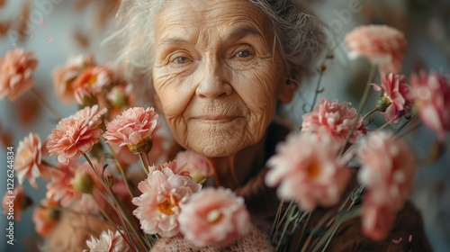 Older woman with flowers in front of her face, portrait