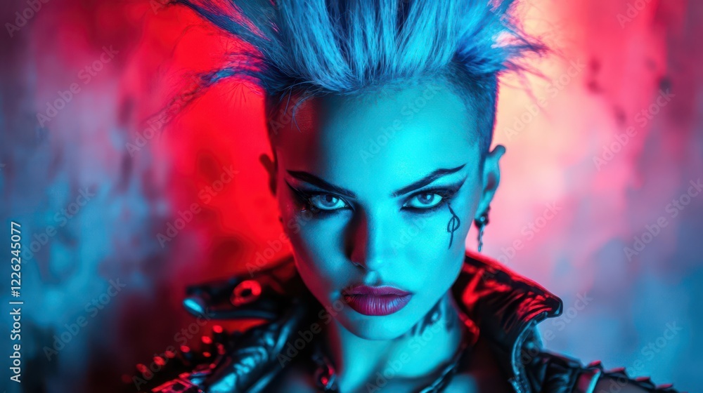 rebellious cyberpunk portrait of woman with neon blue mohawk dramatic neon lighting futuristic makeup urban dystopian background rebellious cyberpunk portrait of woman with neon blue mohawk dramatic neon lighting futuristic makeup urban dystopian background