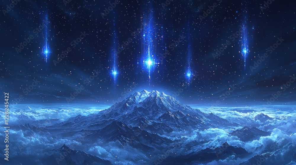 Fototapeta premium Celestial Descent: Mystical Mountaintop Under a Shower of Blue Stars