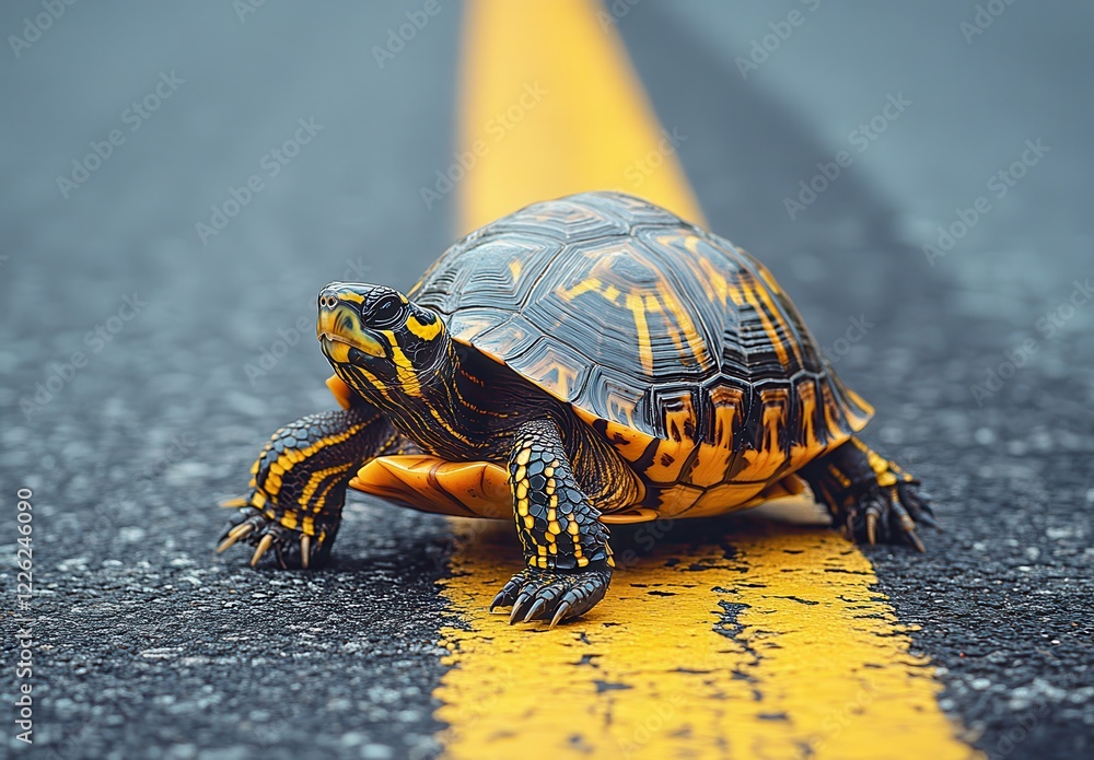 Vibrant Turtle Crossing the Yellow Line on Asphalt Street with Detailed Shell Patterns and Striking Colors of Nature in Urban Environment