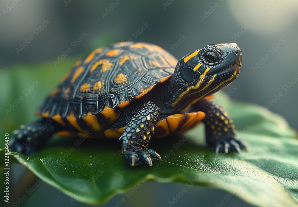 Vibrant Turtle Resting on Green Leaf Surrounded by Nature, Captivating Reptile Close-Up in Stunning Detail, Exotic Pet Displaying Unique Patterns Vibrant Turtle Resting on Green Leaf Surrounded by Nature, Captivating Reptile Close-Up in Stunning Detail, Exotic Pet Displaying Unique Patterns