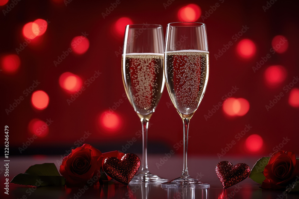 Celebration and romance captured during an intimate evening with sparkling drinks, beautiful red roses, and heart decorations creating a warm atmosphere filled with love Celebration and romance captured during an intimate evening with sparkling drinks, beautiful red roses, and heart decorations creating a warm atmosphere filled with love
