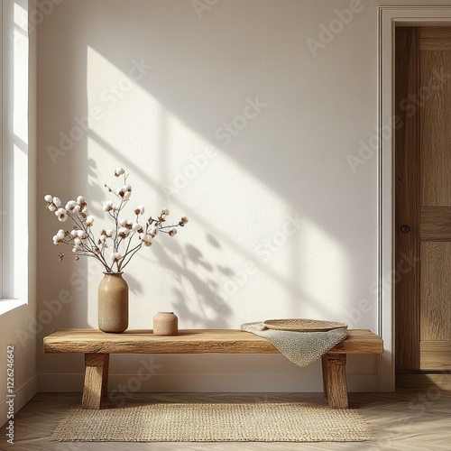 Minimalist Scandinavian Interior with Wooden Bench and Cotton Flowers