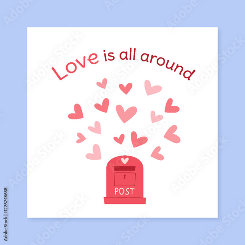 Cartoon flat postcard with a valentin theme, featuring red and pink hearts. Love greeting card with heart designs, message envelopes, and a postbox offering romantic flair for social media sharing.