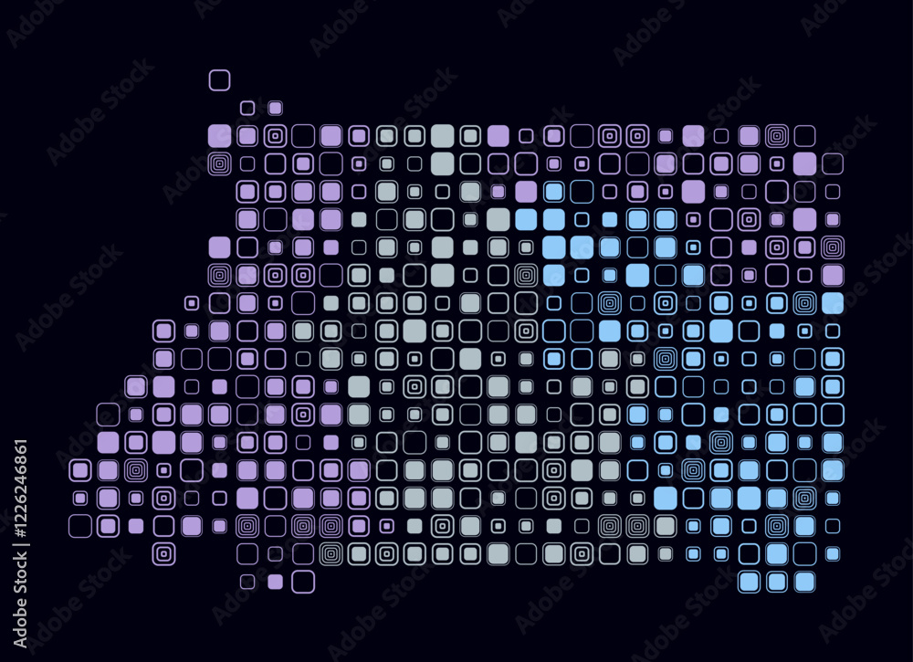 Equatorial Guinea, shape of the country build of colored cells. Digital style map of the Equatorial Guinea on dark background. Large size rounded square blocks. Artistic vector illustration. Equatorial Guinea, shape of the country build of colored cells. Digital style map of the Equatorial Guinea on dark background. Large size rounded square blocks. Artistic vector illustration.