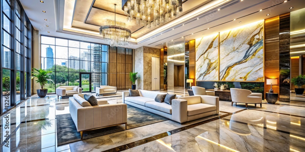Luxurious Modern Lobby with Marble Walls and Large Windows, Showcasing Elegant White Sofa in a Chic Interior Design Setting Luxurious Modern Lobby with Marble Walls and Large Windows, Showcasing Elegant White Sofa in a Chic Interior Design Setting