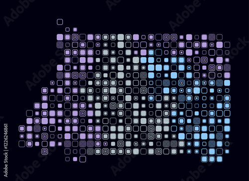 Equatorial Guinea, shape of the country build of colored cells. Digital style map of the Equatorial Guinea on dark background. Large size rounded square blocks. Artistic vector illustration.