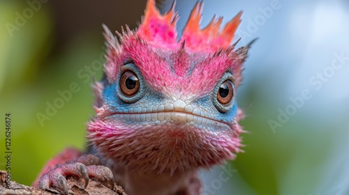 Pink lizard close-up, tropical forest background, wildlife photography, nature documentary photo