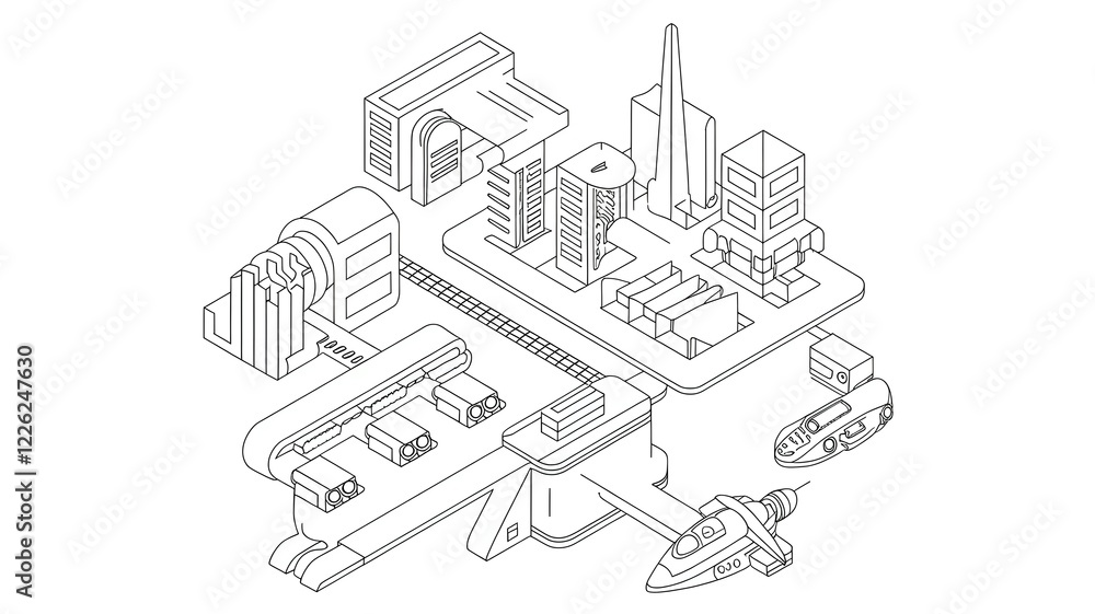 Obraz premium A line art isometric illustration of a futuristic city with various buildings, a train station, a sp