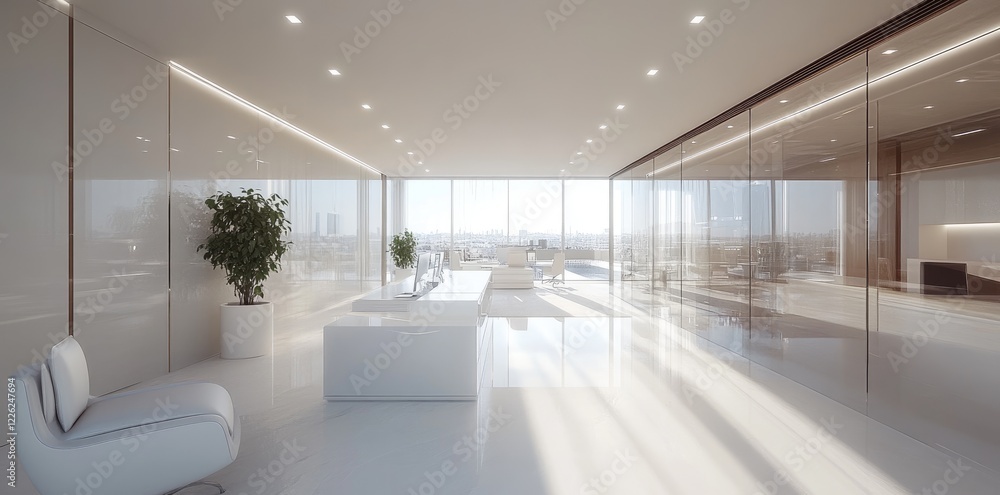 Fototapeta premium Spacious workspace: bright interior, greenery touch, blank text area, functional layout, peaceful ambiance, natural light, modern aesthetic, serene atmosphere, professional tone, inviting atmosphere.