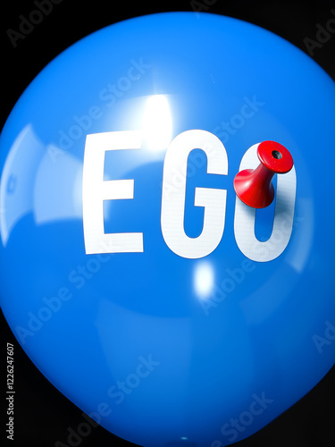 Inflated blue balloon with the word ego and a pin. Selfishness or inflated extreme ego photo