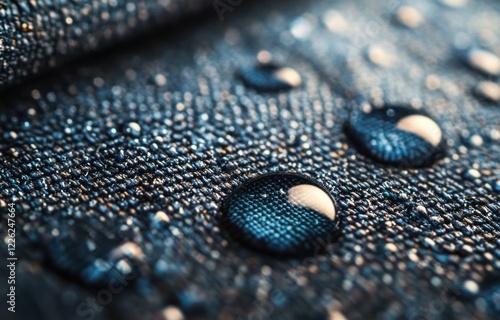 Water Droplets on Textured Fabric Surface with Natural Lighting and Shallow Depth of Field photo