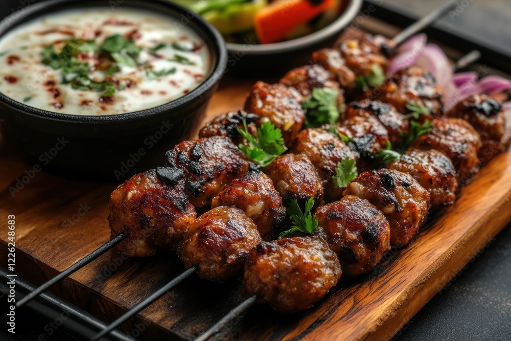Grilled meatball skewers with yogurt dip. Perfect for restaurant menus, food blogs, or recipe websites. Grilled meatball skewers with yogurt dip. Perfect for restaurant menus, food blogs, or recipe websites.