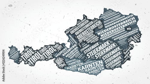 Austria regions word clouds. Country shape on textured background. Austria design in typographic style. Classy vector illustration.