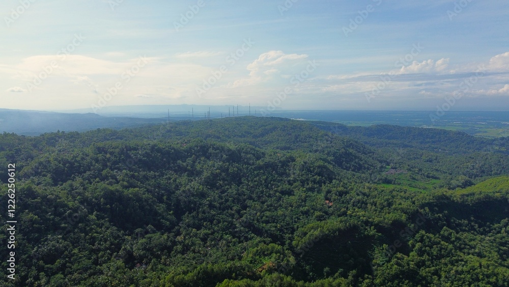 Obraz premium Dramatic Aerial drone view of hills with lush green trees with morning mist above with a background of rows of mountains