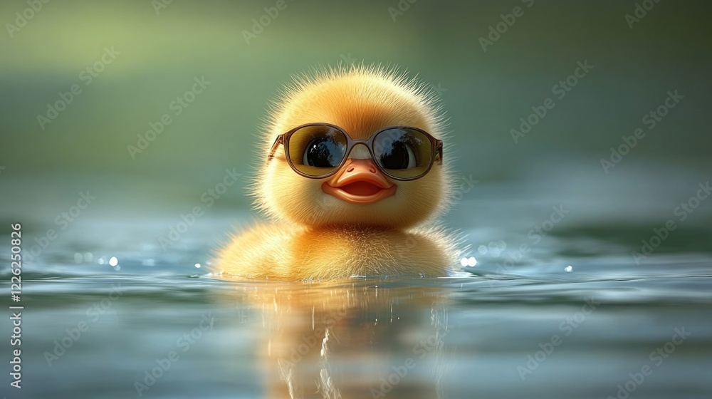 Cute duckling wearing sunglasses floating on water Cute duckling wearing sunglasses floating on water