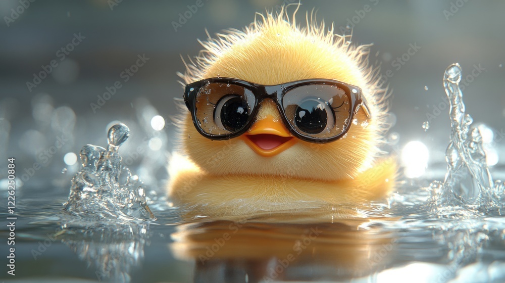 Cute duckling wearing glasses joyfully splashing in water Cute duckling wearing glasses joyfully splashing in water