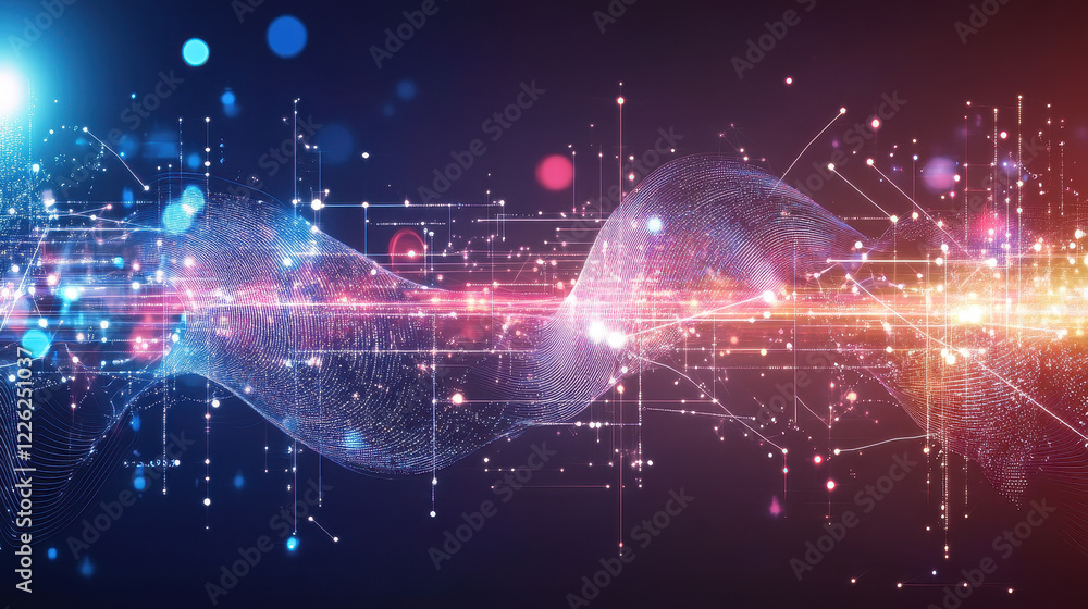 Dynamic visualization of digital particles and wave patterns illustrating tech innovation and data flow in a futuristic color palette, symbolizing connectivity and progress Dynamic visualization of digital particles and wave patterns illustrating tech innovation and data flow in a futuristic color palette, symbolizing connectivity and progress