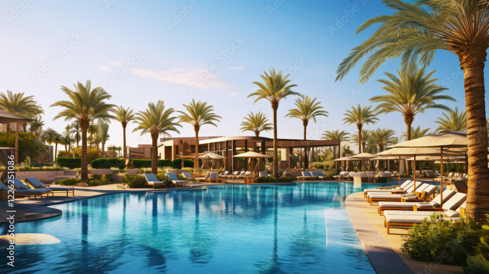 Luxurious Desert Resort Poolside Oasis with Palm Trees, Lounge Chairs, and Tranquil Blue Skies Luxurious Desert Resort Poolside Oasis with Palm Trees, Lounge Chairs, and Tranquil Blue Skies