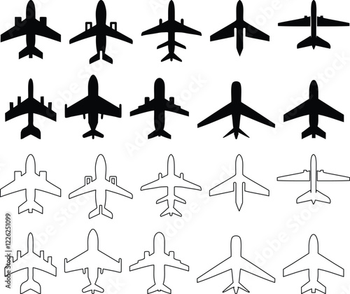 Airplane icons and silhouettes. Airplane silhouettes in various styles.